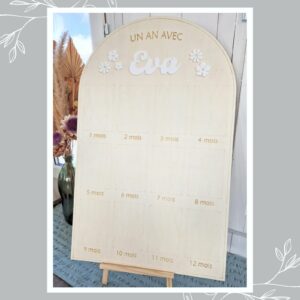 Grand panneau en bois (80x50cm) pour photos (10x15cm) - Un an avec - Affiche pour photos bébé