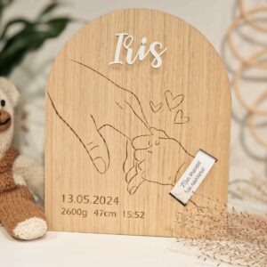 Porte bracelet de naissance personnalisé - plaque en bois gravé pour bracelet d'hôpital